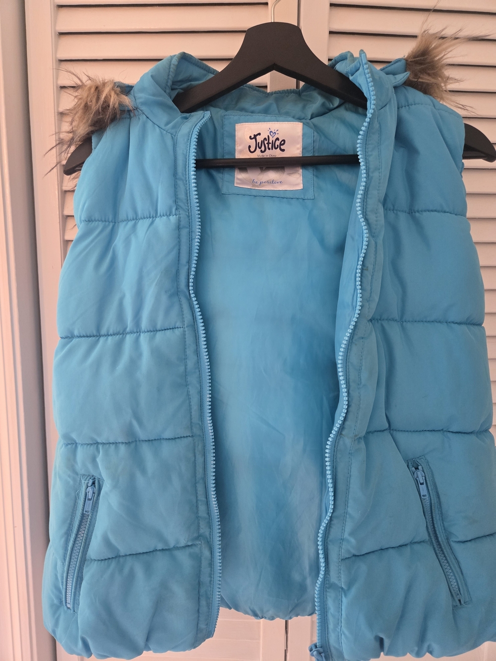 Justice Girls Aqua Blue Puffer Vest with Faux Fur Hood